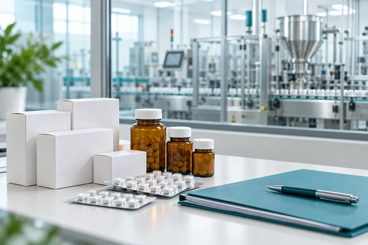 Illustration of third-party pharma manufacturing procurement with medicine packaging and a document folder