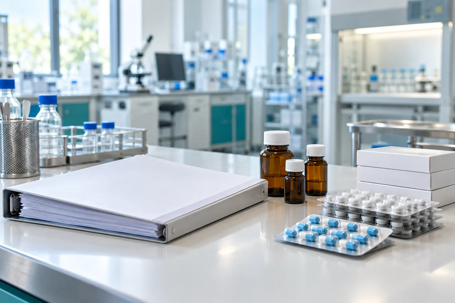 Pharmaceutical certificate of analysis review illustrated with documents and sealed medicine samples