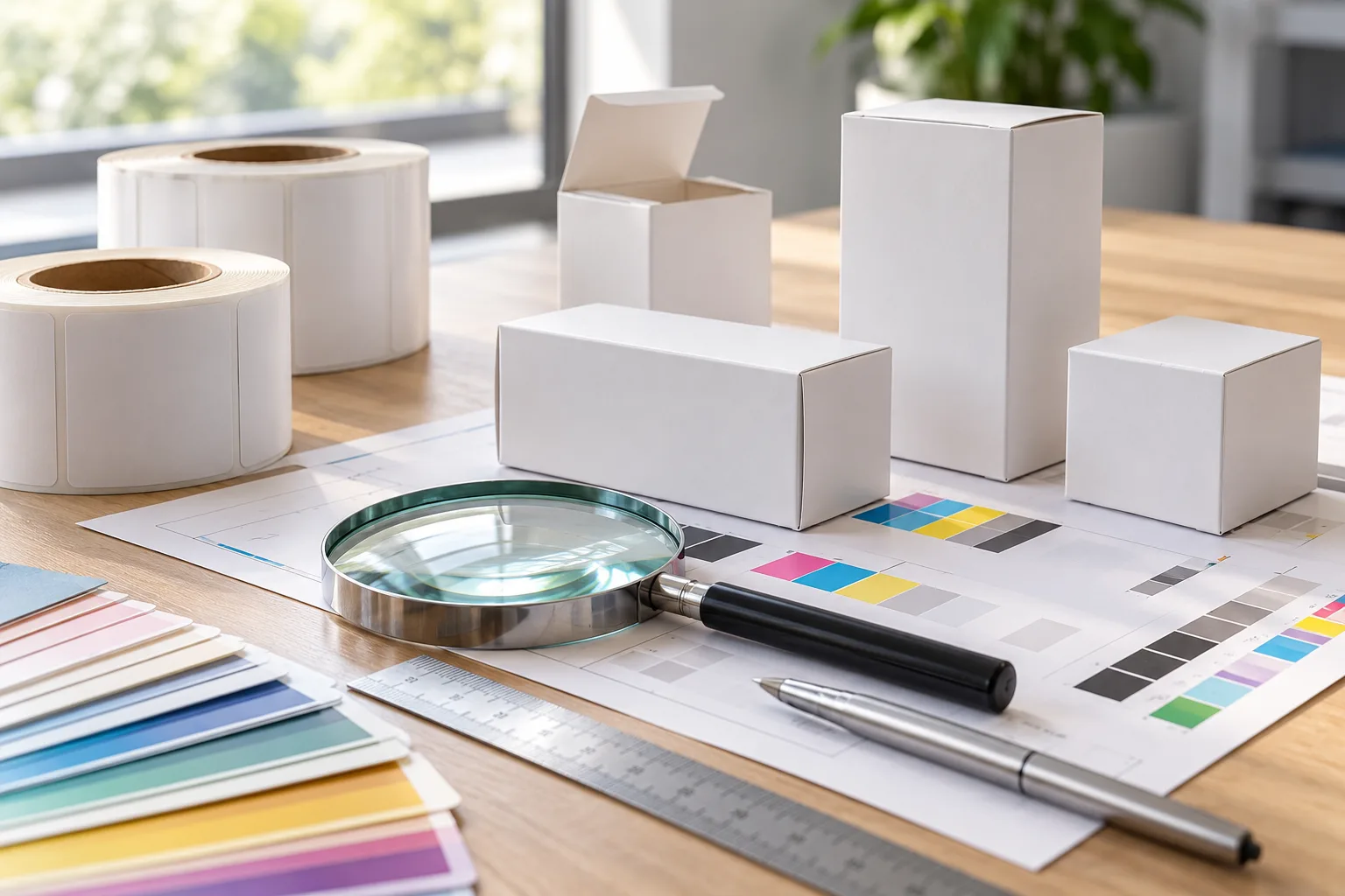 Pharma artwork approval illustrated with blank carton proofs, label rolls and review tools
