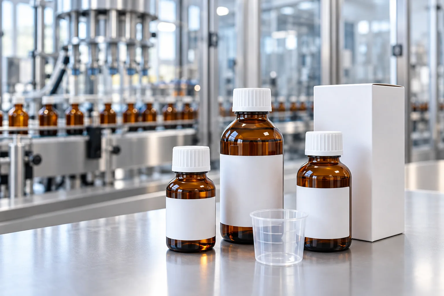 Oral liquid manufacturing sourcing illustrated with capped amber bottles and a measuring cup