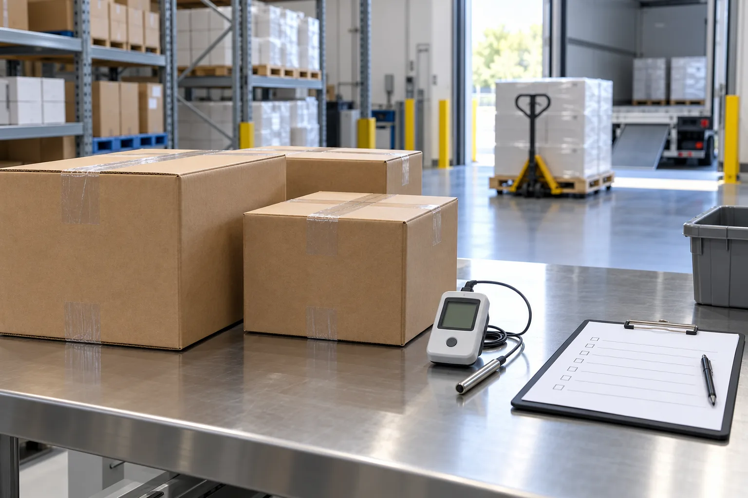 Pharmaceutical dispatch planning illustrated with sealed cartons, a data logger and receiving clipboard