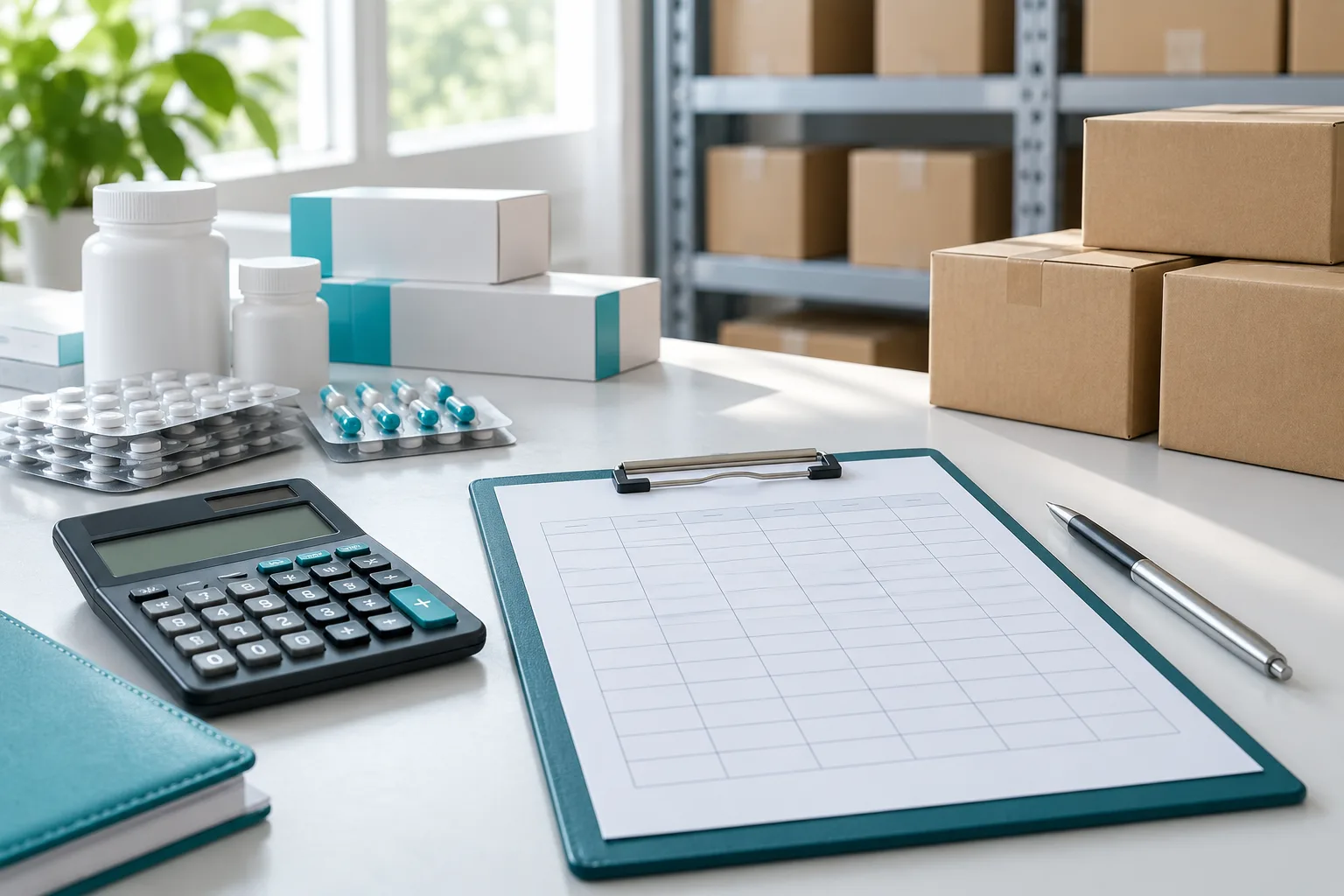 Pharma supplier scorecard illustrated with a review worksheet, calculator and sealed medicine packs
