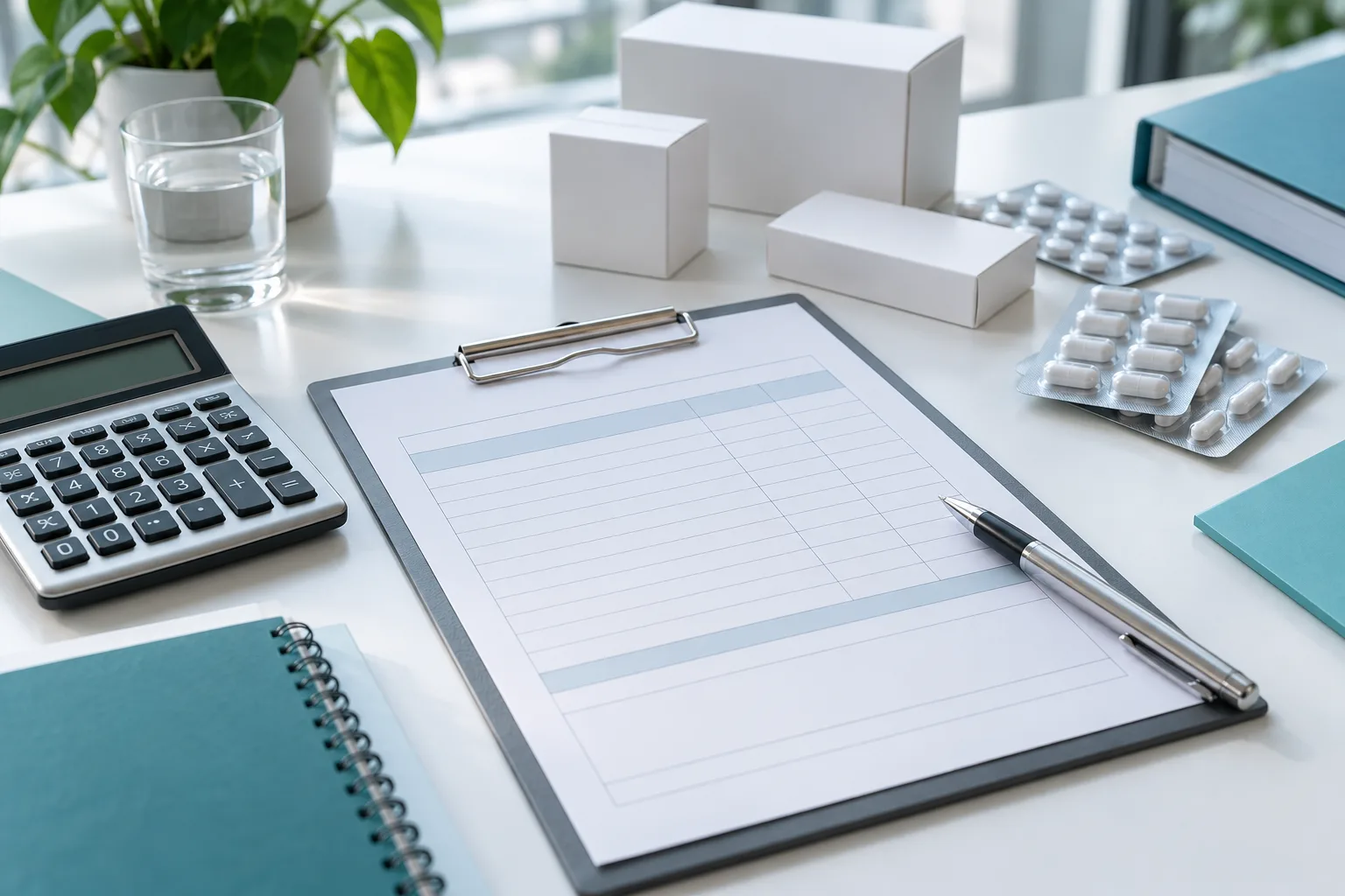 Illustrative pharma RFQ checklist workspace with generic pharmaceutical packaging