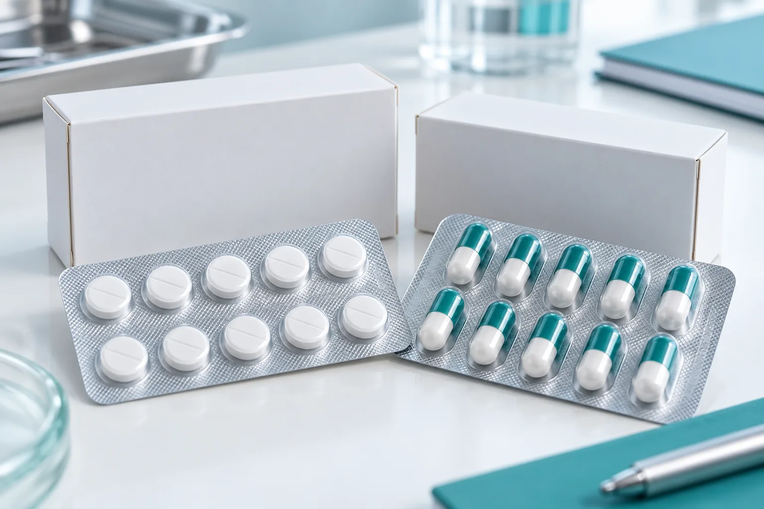 Tablet and capsule sourcing illustrated with separate sealed blister packs and generic cartons